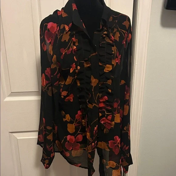 CAbi Floral Blouse in Black with Red and Orange Accents B - Picture 1 of 5